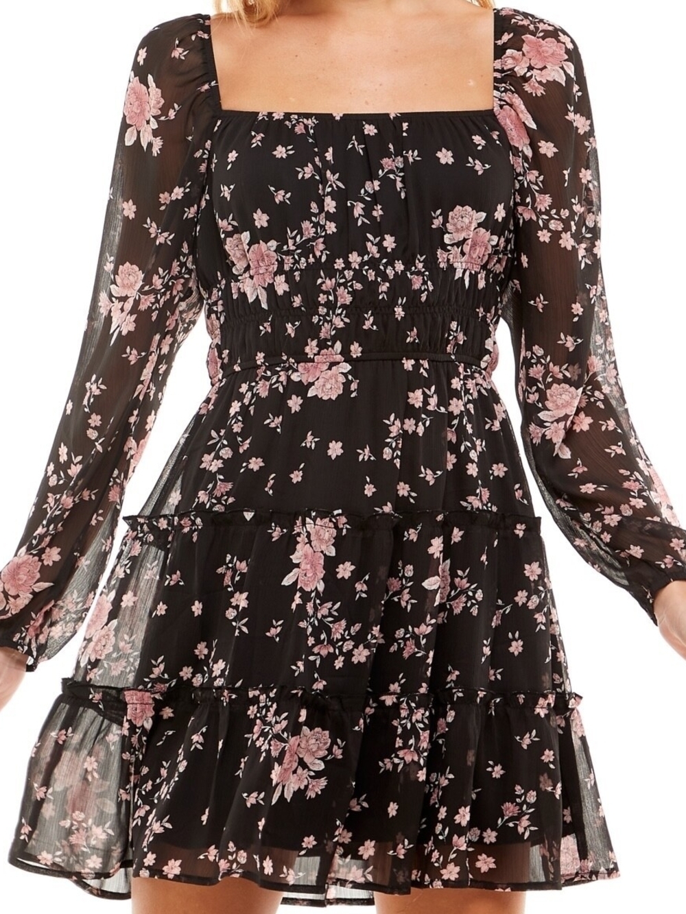 Trixxi Floral Black Sheer Long-Sleeve Tiered Mini Dress - Pink Floral